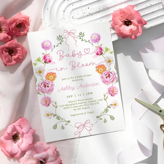 ベビーイン開花ピンクフローラボウベビーシャワー 招待状