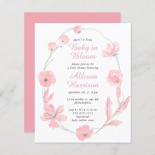 ベビーイン開花ピンクフローラ予算シャワー招待状 (正面/裏面)
