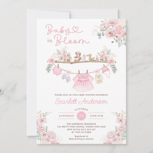 ベビーイン開花ピンクフローラ女の子の赤ちゃん服シャワー 招待状 (正面)
