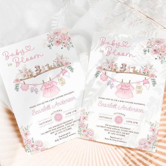 ベビーイン開花ピンクフローラ女の子の赤ちゃん服シャワー 招待状