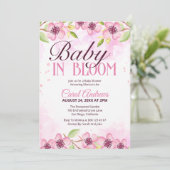 ベビーイン開花ピンクフローラ水色ベビーシャワー 招待状 (スタンド正面)