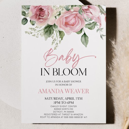 ベビーイン開花ピンクフローラ花赤ちゃんシャワー 招待状
