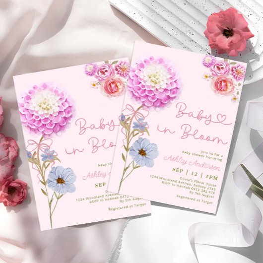 ベビーイン開花ピンクボウガールベビーシャワー 招待状
