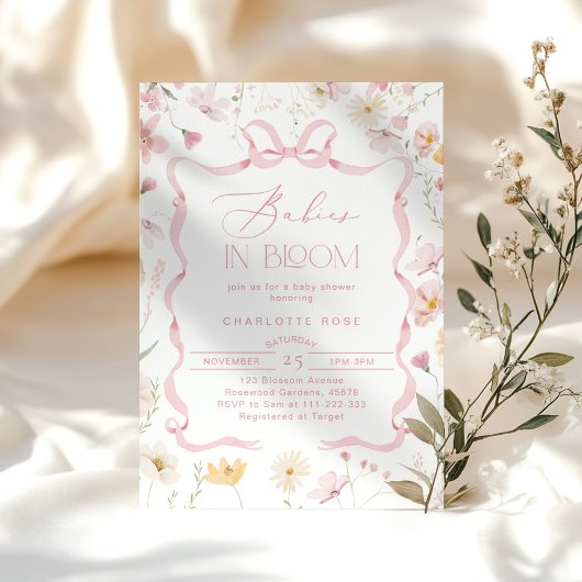 ベビーイン開花ピンクボウツインガールズベビーシャワー 招待状