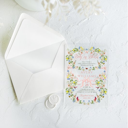 ベビーイン開花ピンクボウフローラガールベビーシャワー アクリル招待状