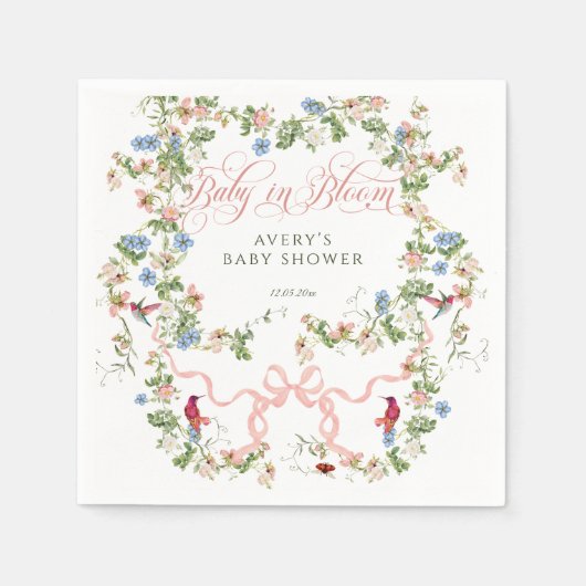 ベビーイン開花ピンクボウフローラガールベビーシャワー スタンダードカクテルナプキン (正面)