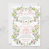 ベビーイン開花ピンクボウフローラガールベビーシャワー 招待状 (正面)