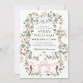 ベビーイン開花ピンクボウフローラガールベビーシャワー 招待状 (正面)