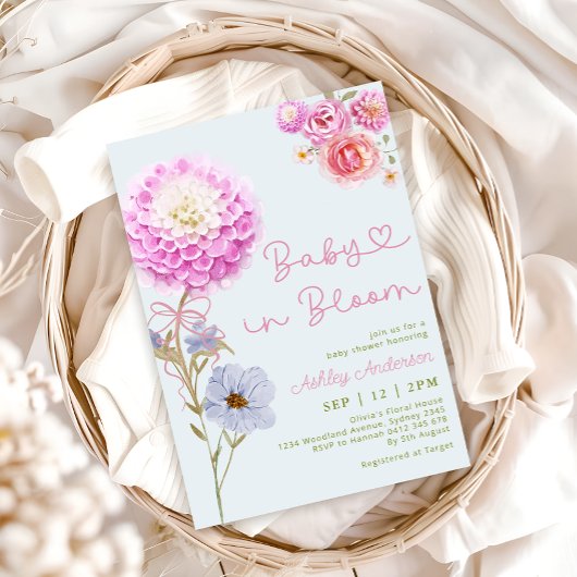 ベビーイン開花ピンクボウブルーベビーシャワー 招待状