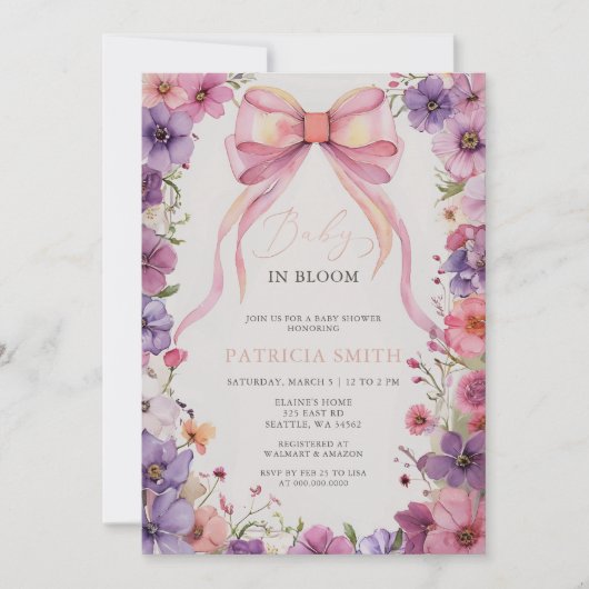 ベビーイン開花ピンクボウワイルドフラワーベビーシャワー 招待状 (正面)
