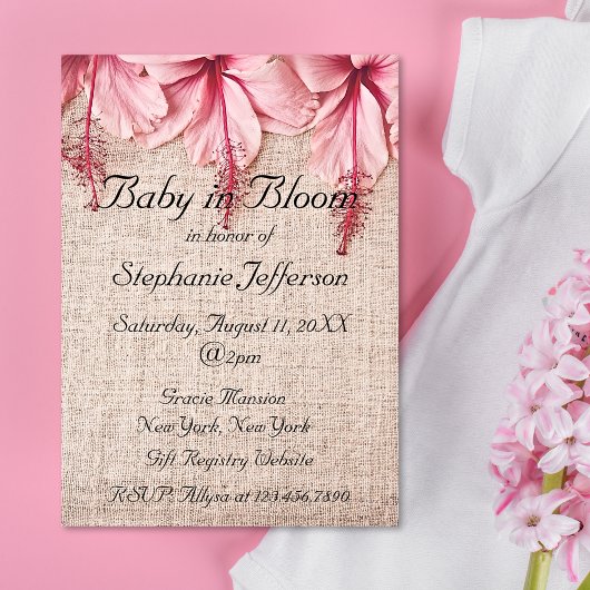 ベビーイン開花ピンクリネン花模様ベビーシャワー 招待状