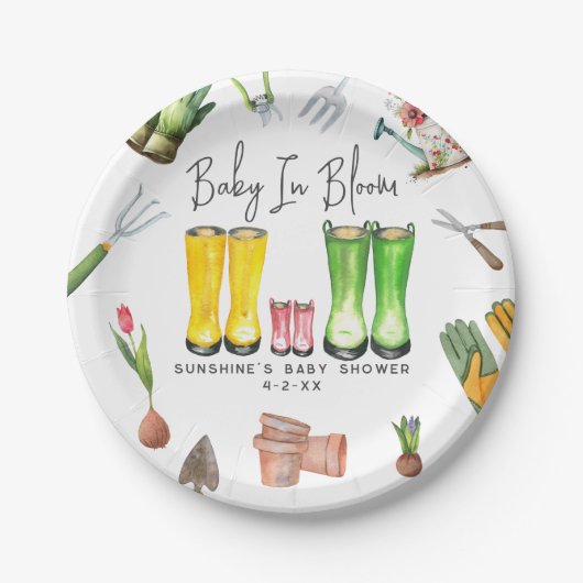 ベビーイン開花ピンクレインブーツガーデンベビーシャワー ペーパープレート (正面)