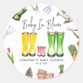 ベビーイン開花ピンクレインブーツガーデンベビーシャワー ラウンドシール (正面)