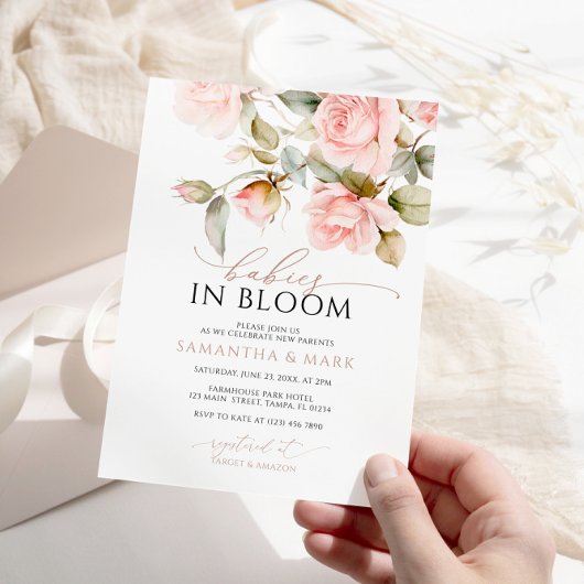ベビーイン開花ピンクローズツインズベビーシャワー 招待状