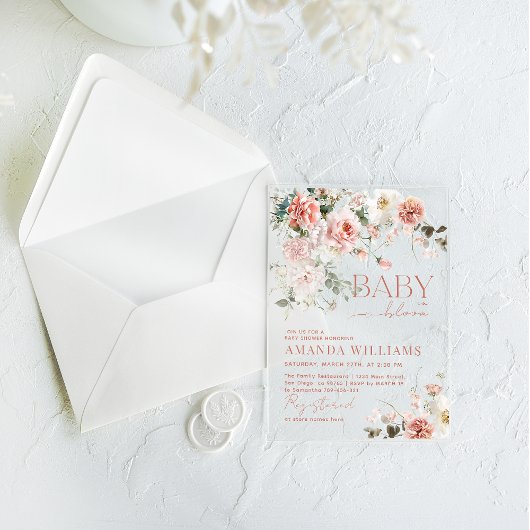 ベビーイン開花ピンクローズフローラガールベビーシャワー アクリル招待状