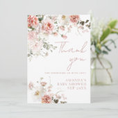 ベビーイン開花ピンクローズフローラガールベビーシャワー サンキューカード (スタンド正面)