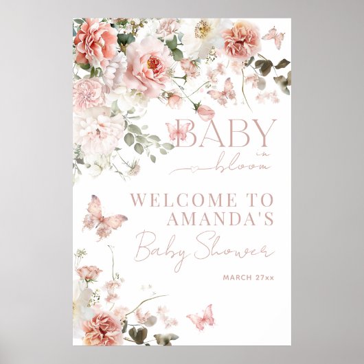 ベビーイン開花ピンクローズフローラガールベビーシャワー ポスター (正面)