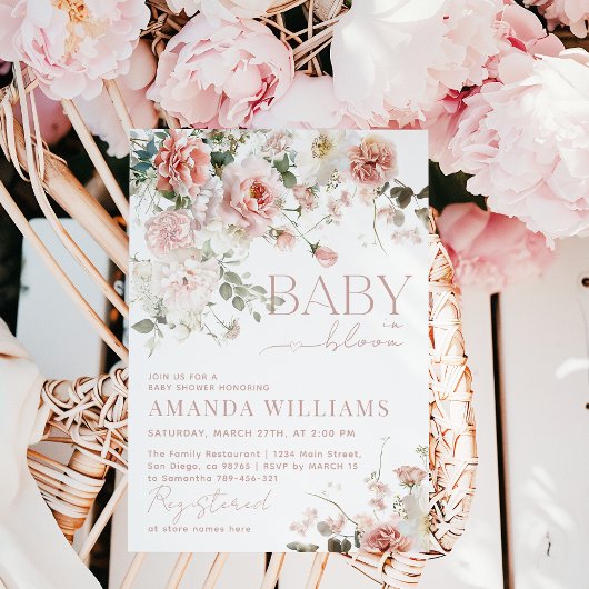 ベビーイン開花ピンクローズフローラガールベビーシャワー 招待状