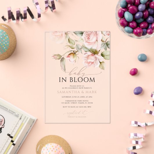 ベビーイン開花ピンクローズ&グリーンリーベビーシャワー アクリル招待状 (インサイチュ (お祝い))