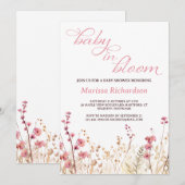 ベビーイン開花ピンクワイルドフラワーガールベビーシャワー 招待状 (正面/裏面)
