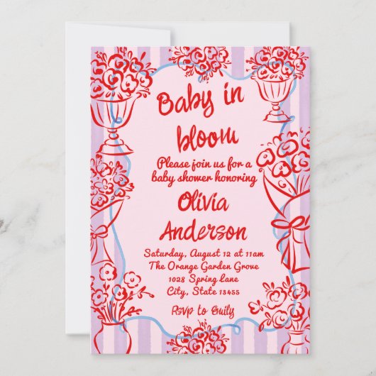 ベビーイン開花ピンク手描き花赤ちゃんシャワー 招待状 (正面)