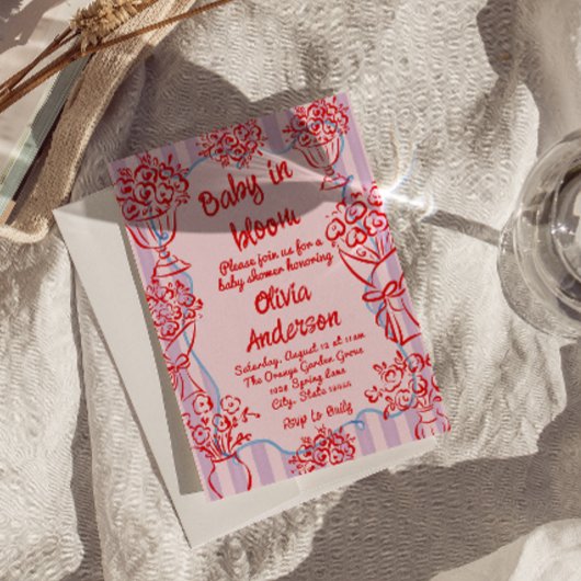 ベビーイン開花ピンク手描き花赤ちゃんシャワー 招待状