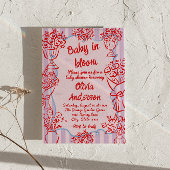 ベビーイン開花ピンク手描き花赤ちゃんシャワー 招待状