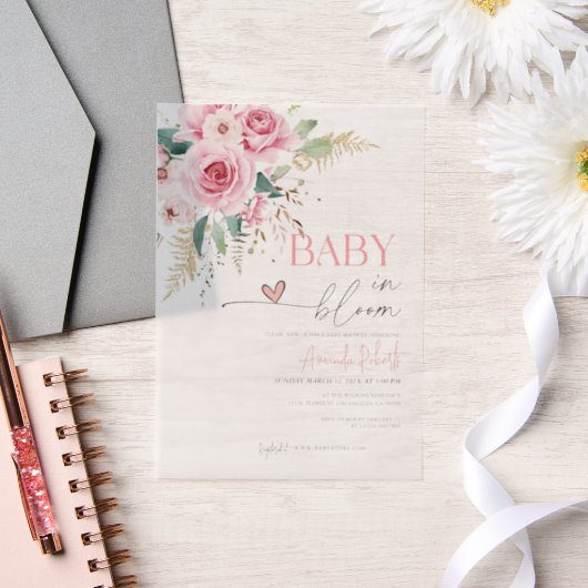 ベビーイン開花ピンク花ベビーシャワー ベラム紙招待状 (ウェディング)