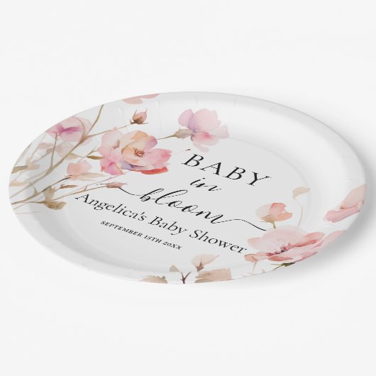 ベビーイン開花ピンク赤面水彩牧草花 ペーパープレート (アングル)