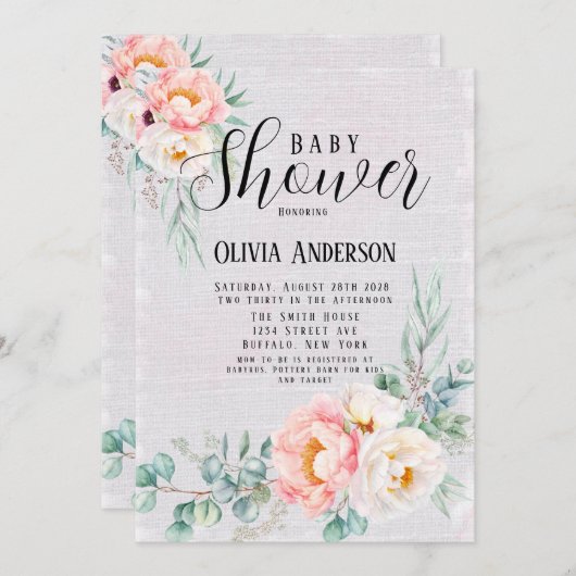 ベビーイン開花ピーチと緑のベビーシャワー 招待状 (正面/裏面)