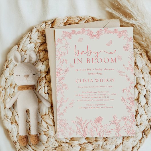 ベビーイン開花ピーチピンクチノイスリーベビーシャワー 招待状