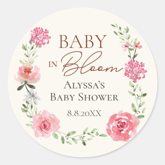 ベビーイン開花フラワーをテーマにした赤ちゃんシャワーカスタム ラウンドシール (正面)
