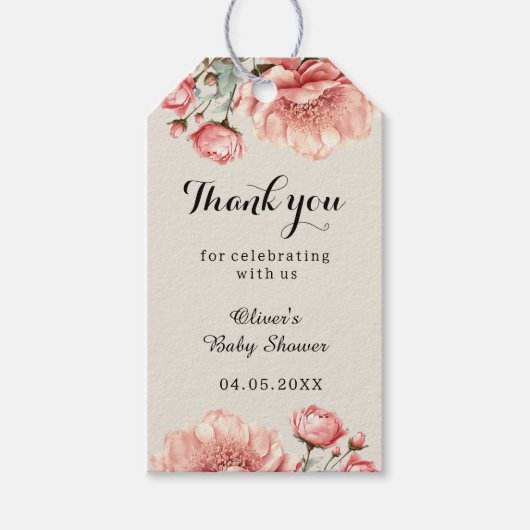 ベビーイン開花フラワーバラピンクベビーショーありがとう ギフトタグ (正面)