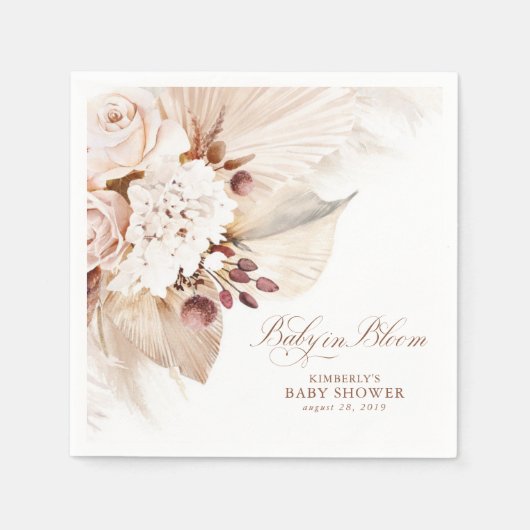 ベビーイン開花フローラパンパスグラスベイビーシャワー スタンダードカクテルナプキン (正面)