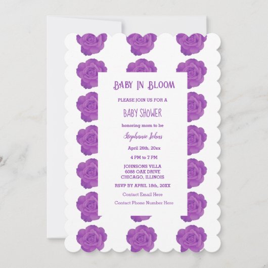 ベビーイン開花フローラパープルバラベビーシャワーガール 招待状 (正面)
