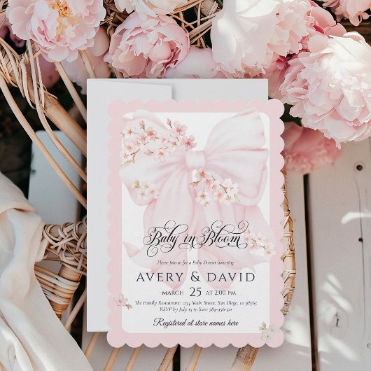 ベビーイン開花フローラボウ春ガールベビーシャワー 招待状