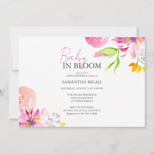ベビーイン開花フローラ水色シャワー 招待状 (正面)
