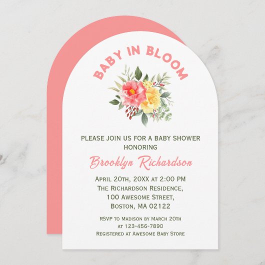 ベビーイン開花フローラ花植物赤ちゃんシャワー 招待状 (正面/裏面)