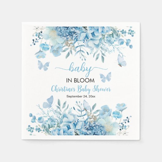 ベビーイン開花ブルーフローラベビーシャワー スタンダードカクテルナプキン (正面)