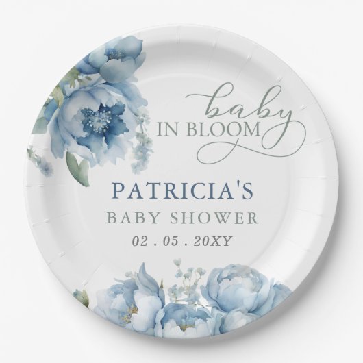 ベビーイン開花ブルーフローラボーイベビーシャワー ペーパープレート (正面)