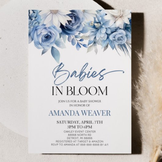 ベビーイン開花ブルーフローラマルチプルベビーシャワー 招待状