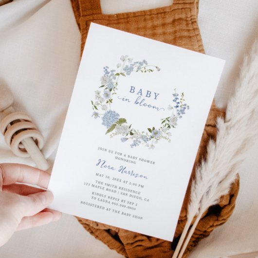 ベビーイン開花ブルーフローラリースベビーシャワー 招待状