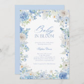 ベビーイン開花ブルーフローラ水色ベビーシャワー 招待状 (正面/裏面)