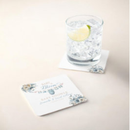 ベビーイン開花ブルーフローラ男の赤ちゃんシャワー スクエアペーパーコースター