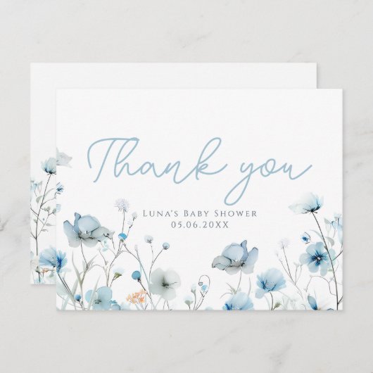 ベビーイン開花ブルーワイルドフラワーボーイベビーシャワー サンキューカード (正面/裏面)