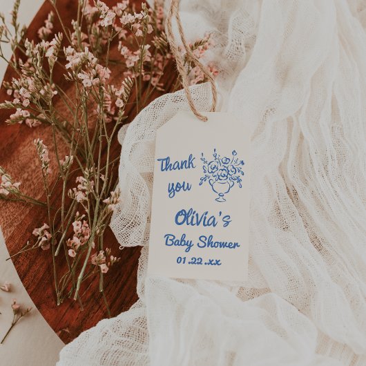 ベビーイン開花ブルー手描きフローラ赤ちゃんシャワー ギフトタグ