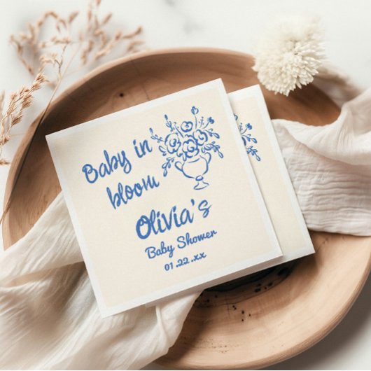 ベビーイン開花ブルー手描きフローラ赤ちゃんシャワー スタンダードカクテルナプキン