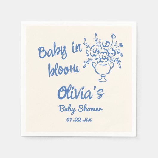 ベビーイン開花ブルー手描きフローラ赤ちゃんシャワー スタンダードカクテルナプキン (正面)