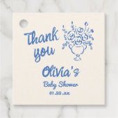 ベビーイン開花ブルー手描きフローラ赤ちゃんシャワー フェイバータグ (正面)