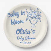 ベビーイン開花ブルー手描きフローラ赤ちゃんシャワー ペーパープレート (正面)